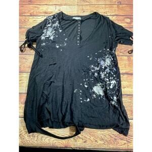 Oober Swank Womens Blouse Black Heathered Distressed Tie Sleeve Cutout S New